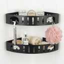 Adhesive Corner Shower Shelf No Drill | Rust-Proof Aluminum Alloy Stick On Bathroom Organizer with Shaving Holder for Shampoo, Conditioner, Soap, Razors Black 2Pack