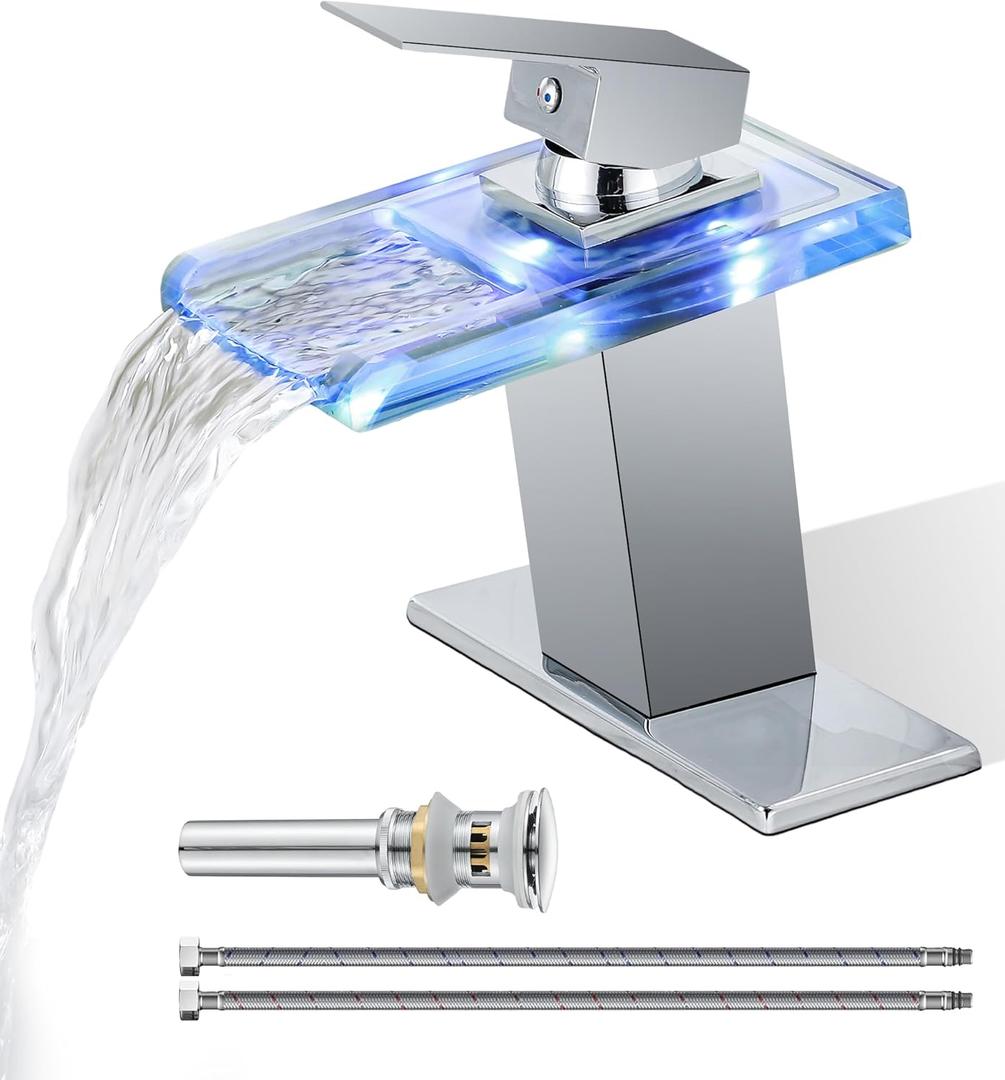 LED Bathroom Sink Faucet, Waterfall Single Handle Vanity Faucets for Sinks 1 Hole with Metal Pop Up Drain and 2 Water Supply Lines, Open Glass Spout by Bath Famoli (Chrome)