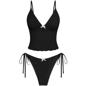 ZAFUL Tankini Swimsuits for Women Lace Jacquard Bowknot Decor Tummy Control High Cut Tanga Tankini Set, Medium