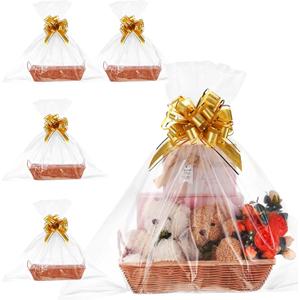 Soaoo 4 Pcs Large Gift Baskets Empty Bulk to Fill 14 x 10 x 2.8 Inch Thanksgiving Christmas Storage Basket with Handle Woven Gift Bags and Golden Bows for DIY Holiday Party (Wood Color)
