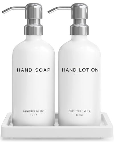 White Glass Soap and Lotion Dispenser Set by Brighter Barns - Bathroom Soap Dispenser Set Tray - Liquid Hand Soap Dispenser Pump - Modern Bathroom Accessories for Guest, Hotel, Spa, Restaurant (White)