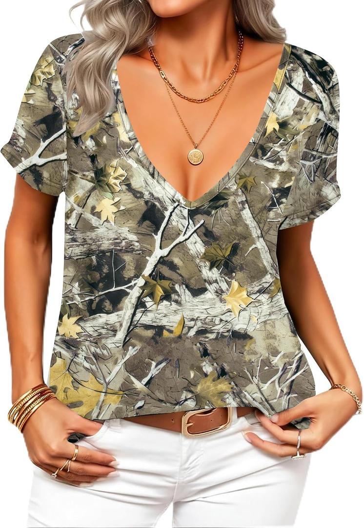 Tie Dye V-Neck Shirts Sexy Tops for Women Deep V-Neck Short Sleeve Shirt Summer Vintage Loose Basic Shirts