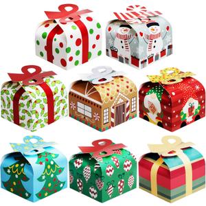 JOYIN 24 PCS 3D Christmas Goody Gift Boxes with Bow for Holiday Xmas Goodie Paper Boxes, School Classroom Party Favor Supply, 6 x 6 x 5.5 8 Designs Candy Treat Cardboard Cookie Box for Gift Giving