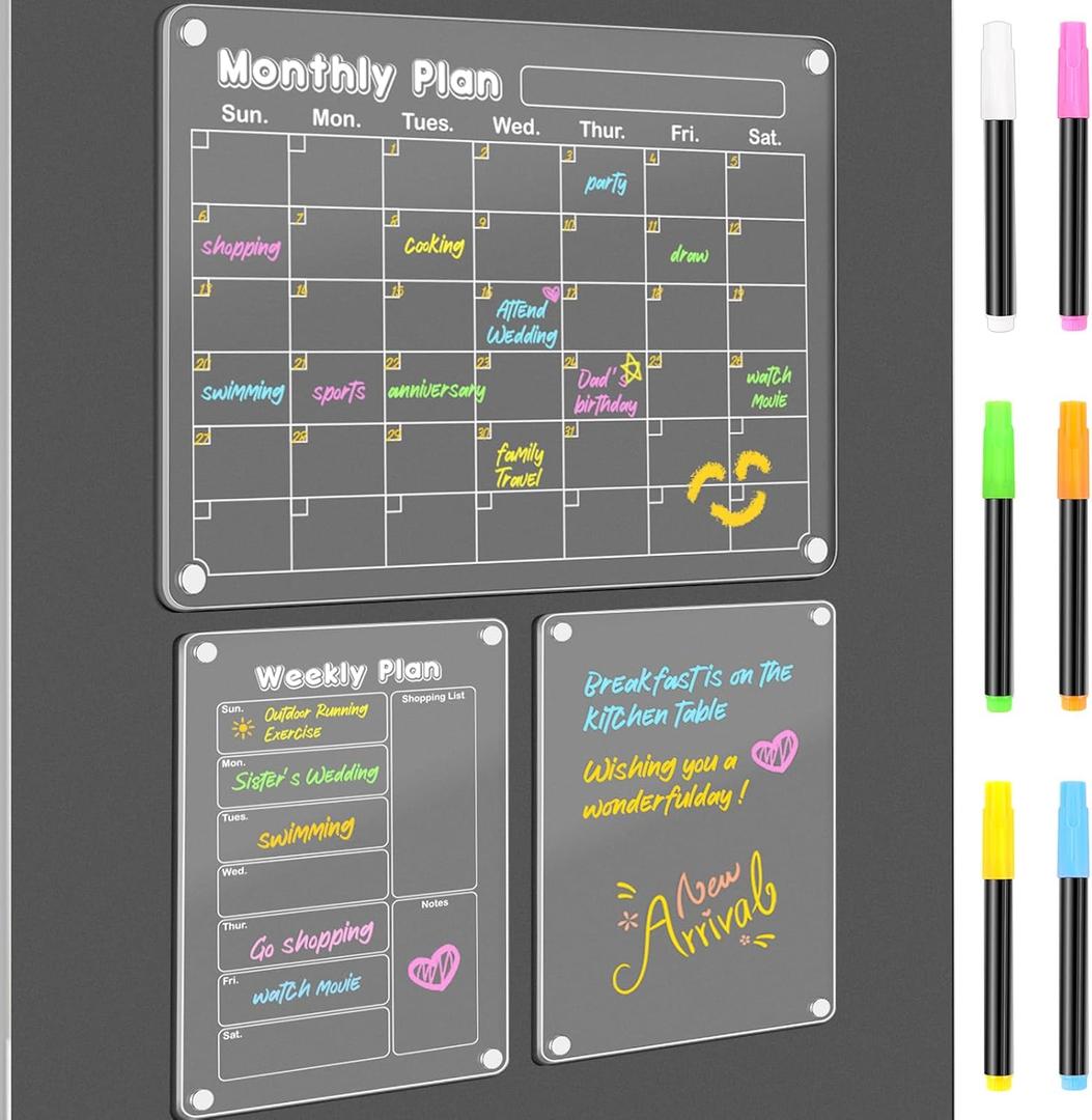 DIYMAG Planning Pads 3Pack Acrylic Magnetic Dry Erase board for Fridge,15"x11" Set Magnetics Weekly Monthly Wall Planners Board for Refrigerator with 6 Colors Markers