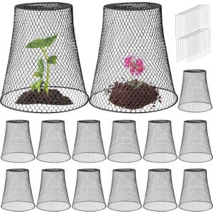 Therwen 15 Pcs Large Plant Wire Cloche 11 x 12 Inch Metal Garden Cloche with Garden Stakes Plant Protector from Animals for Keeping Bunnies Chicken Squirrels Birds (Black)