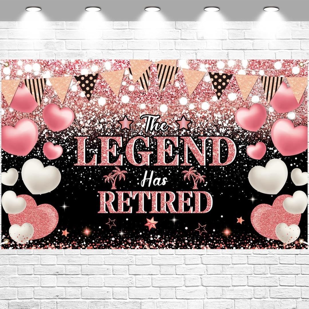 Happy Retirement Backdrop Banner Party Decorations Black Rose Background for Men Women The Legend Has Retired Supplies Sign 70.8 x 43.3 Inch