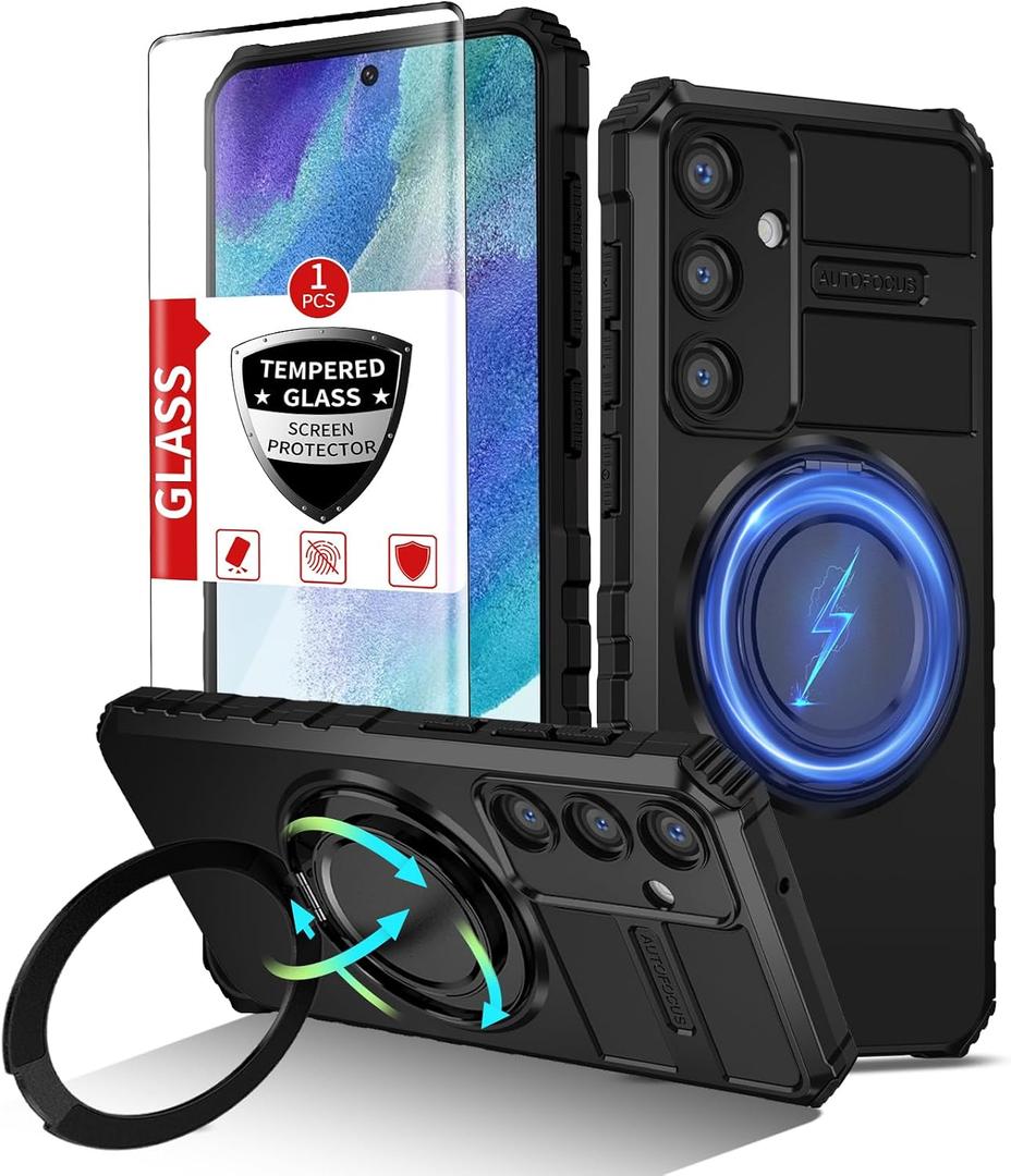 for Samsung Galaxy S21 FE Case Magnetic Compatible with MagSafe Wireless Charging,with 2 Screen Protectors,for S21 FE Case with Stand Ring Military Grade Shockproof Heavy Duty Protection Black