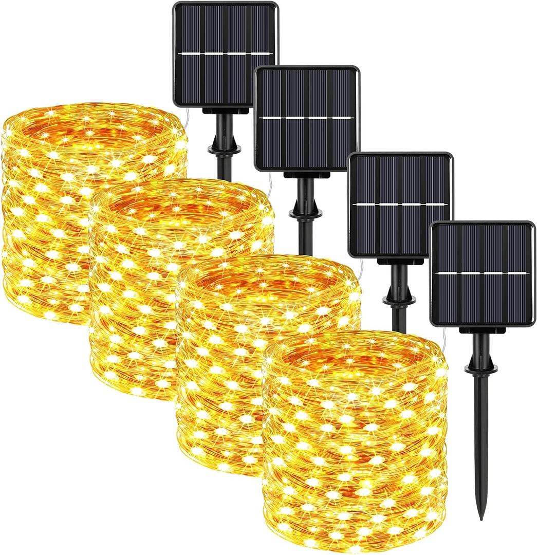 Extra-long 288FT 800LED Solar Fairy String Lights, 4-Pack 72FT 200 LED Outdoor Twinkle Lights Waterproof, 8 Lighting Modes, Warm White Copper Wire Lights for Deck Backyard Tree Garden Fence Pool Party