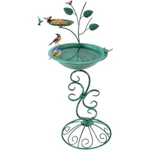 Pedestal Bird Bath for Outside, Modern Bird Bath with Tree Art Decor, 13'' Dia Metal Birdbath Bowl & Feeder for Garden, Lawn, Yard (Green)