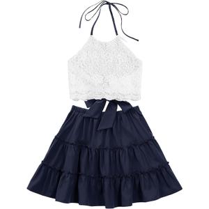 LYANER Women's 2 Piece Outfits Summer Lace Halter Cami Crop Top with Floral Mini Skirt Set (Navy Blue) LYANER Women's 2 Piece Outfits Summer Lace Halter Cami Crop Top with Floral Mini Skirt Set (Navy Blue)