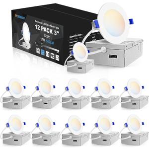 VOLISUN 12 Pack 3 inch Recessed Lighting, 5CCT LED Recessed Light with Junction Box, 2700K-5000K Selectable, Dimmable Canless Wafer Downlight, LED Ceiling Light ETL Certificated (White)