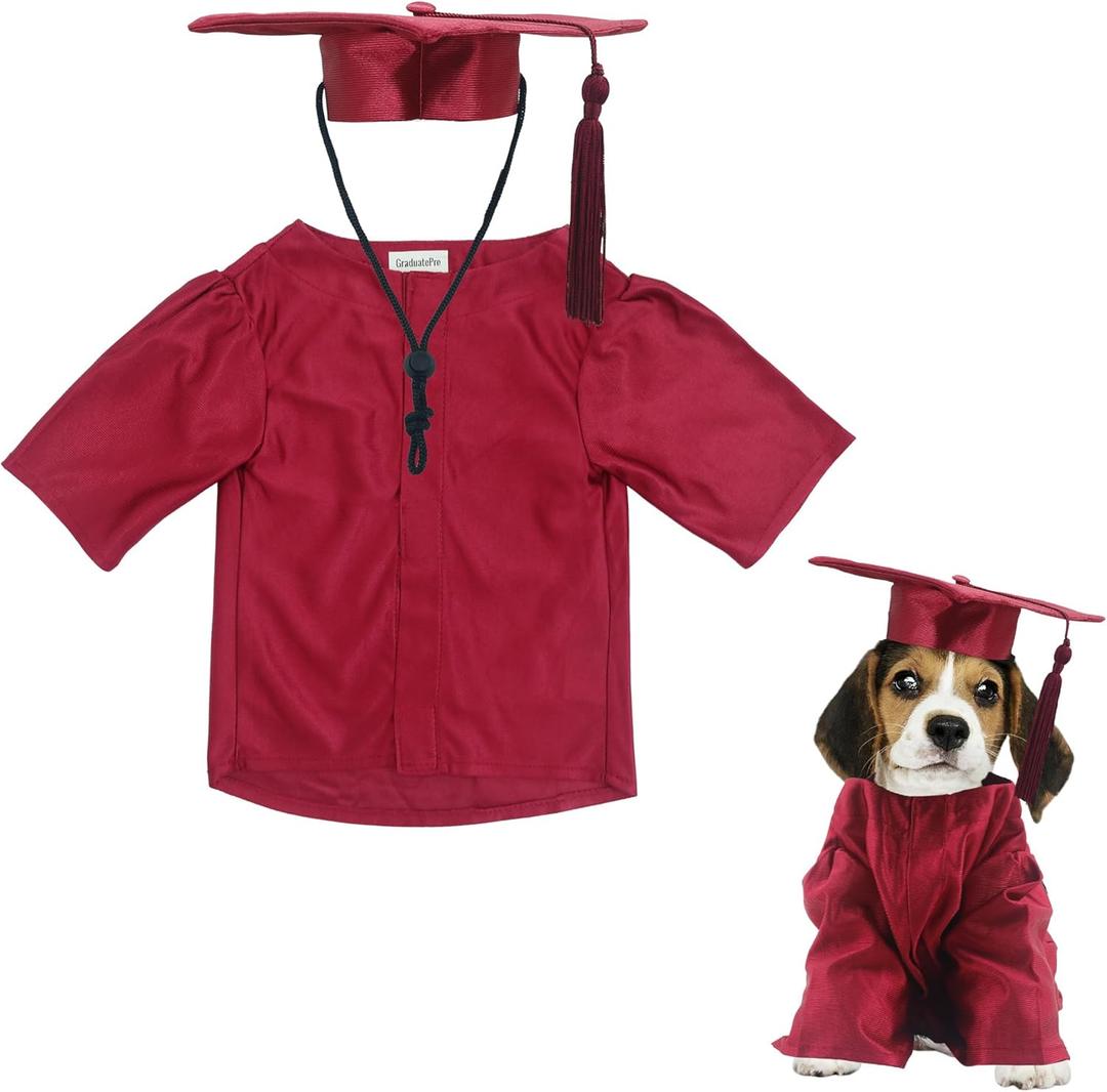 GraduatePro Dog Graduation Cap and Gown Costume Set - Adjustable Knit Fabric with Gold Tassel, Washable Formal Pet Graduation Attire (Maroon) Small