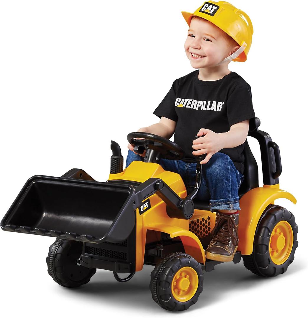 Kid Trax 6V CAT Frontloader Ride-On Toy for Kids, Ages 18-36 Months, Max Weight 44 lbs, Easy Push Button Drive System and Pull Front Bucket Lever, Includes Toy Hard Hat