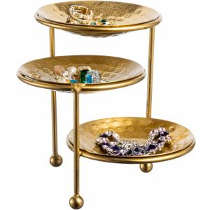 MyGift 3 Tier Jewelry Dish Organizer - Hammered Brass Plated Metal Ring Tray, Decorative Earring, Necklace, Bracelet Storage Display Tower - Handcrafted in India