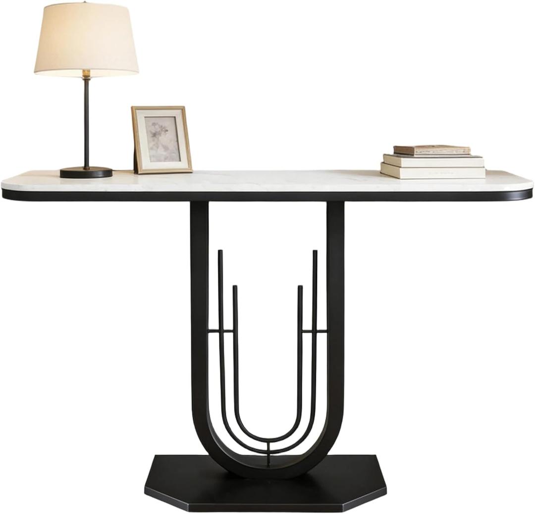 39.37'' Rectangle Narrow Console Table with Marble Top, Elegant Sofa Table Modern Entryway Tables, Round-Shaped Metal Frame, for Entry, Behind Sofa Couch, Entrance, White & Black Metal Base