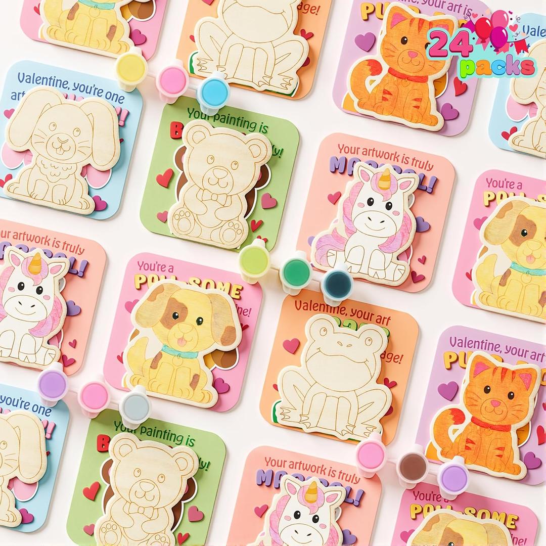 JOYIN 24 Pcs Valentines Day 2.95" Painting Animal Wooden Fridge Magnet Cards, Coloring Magnets with Paints Brushes and Cards, Kids DIY Painting Craft for Classroom Prize Gifts Exchange Party Games