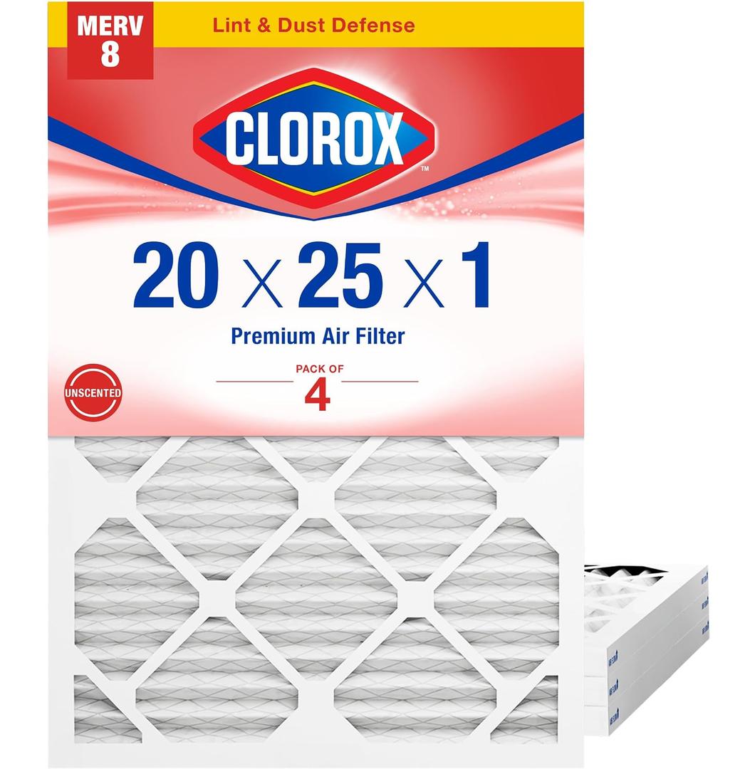 Clorox 20x25x1 Air Filter, MERV 8 Pleated HVAC AC Furnace Air Filters for Lint, Dust and Pollen, MPR 600 & FPR 5 Pack of 4