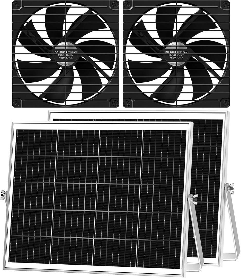 7.1" Solar Greenhouse Fan 2 Pack, 25W x 2 Large Solar Powered Intake and Exhaust Fan Outdoor Waterproof, 16.5 ft Cord, Strong Airflow for Chicken Coop Shed Cabin Circulation and Ventilation