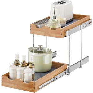 OCG 2 Tier Pull Out Drawers For Cabinets, Double Tier Slide out Wood Cabinet Organizer, Pull Out Shelves for Base Cabinet Organization in Kitchen, Pantry, Bathroom