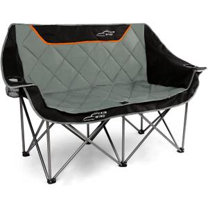 FAIR WIND Oversized Fully Padded Camping Chair Folding Loveseat Camping Couch Double Duo Chair Heavy Duty Quad Fold Arm Chair with Cup Hold - Supports 650 LBS Black