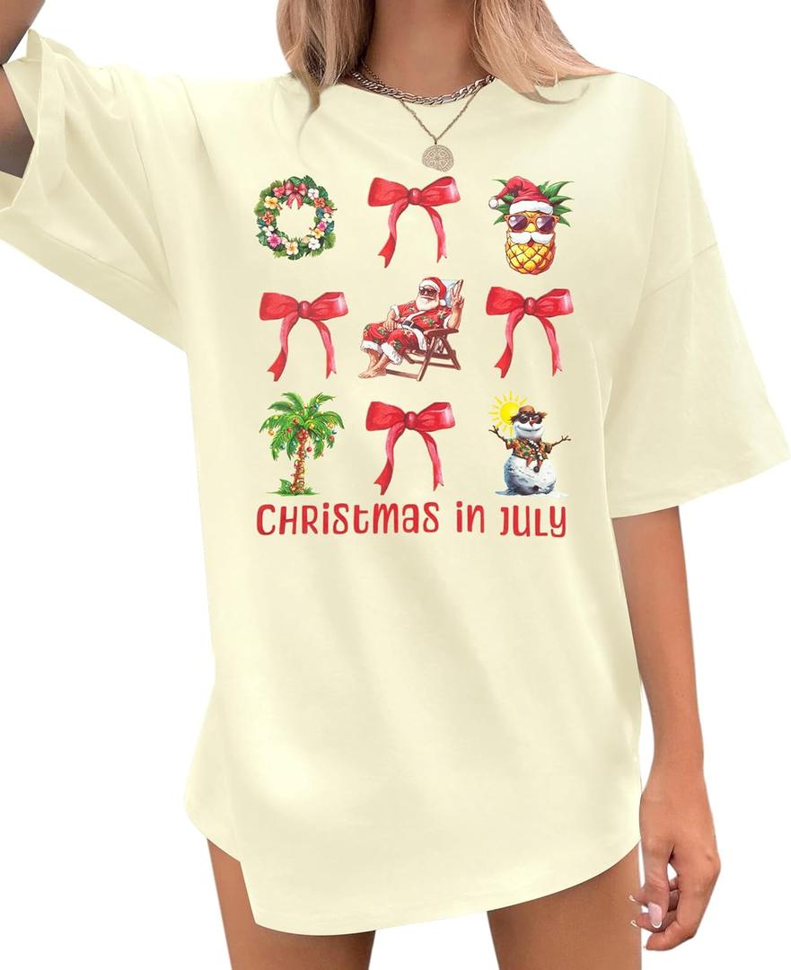 Christmas July Shirt Women Hawaiian Christmas Shirts Summer Beach Vacation Tshirt Summer Holiday Tops (X-Large)