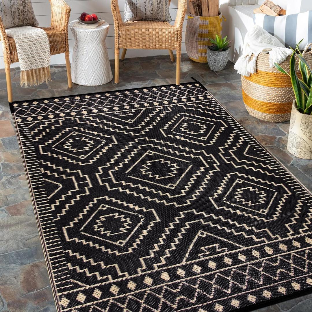 Wonnitar Outdoor Rug for Patio Clearance, 5x8 Waterproof Reversible Plastic Straw Rug, Moroccan Outside RV Area Rug for Camping, Outdoor Portable Mat for Deck Balcony Porch (Black & Beige,5'x8') (5 x 8 Feet)