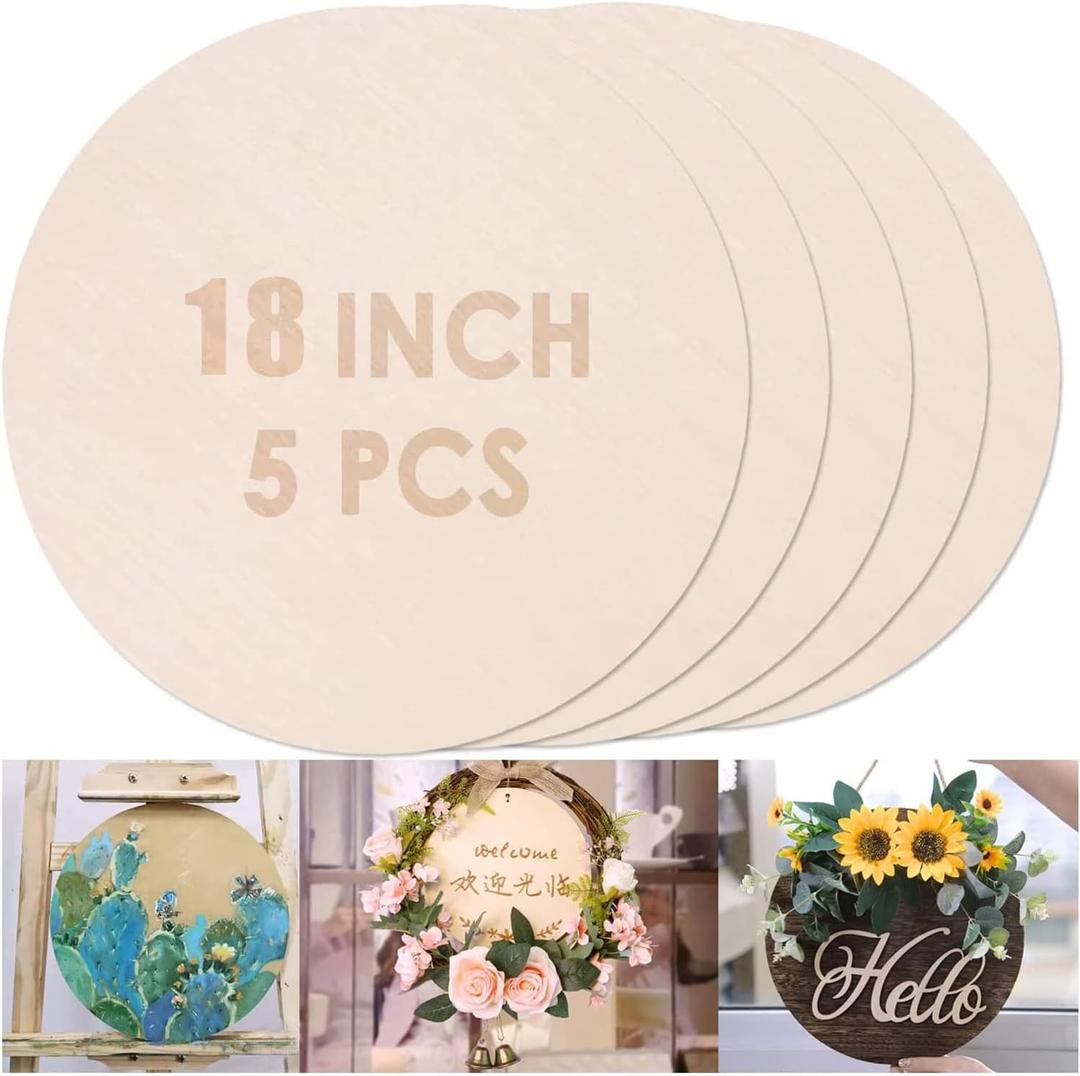 5PCS 18Inch Wood Circles for Crafts, Cutouts Blank Round Wood Slice Unfinished Wooden Slices Blank Round Wooden Circles, Wood Circles for Painting, DIY Door Hanger, Home, Holiday Decor 3 mm Thick