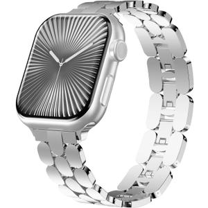 Stainless Steel Dressy Band for Apple Watch for Women Series11/10/9/8/7/6/5/4/3/2/1/SE/Ultra Compatible with 41mm 40mm 38mm 42mm 46mm 49mm 45mm 44mm Bands,Adjustable Designer Metal Strap for iWatch (Silver)