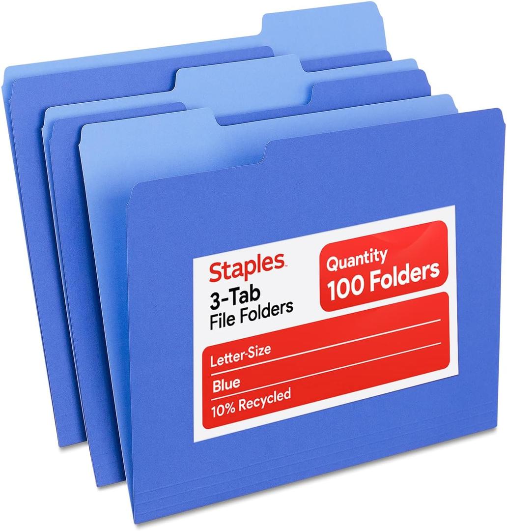 Staples File Folders, Letter Size, 1/3Cut Top Tabs, Blue, Durable 10.5Point Paper Stock, 100/Pack