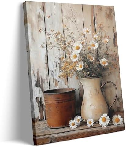 KYSNGMT Farmhouse Wall Decor Rustic Daisy Floral Canvas Wall Art Print | Vintage White Flower in Pitcher Picture Framed Artwork Ready to Hang for Living Room Bedroom Kitchen Country Home Decoration, Pack Of 2