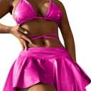 Rave Outfits for Women - EDC Sexy Music Festival Metallic Holographic Strappy Bikini Top Bottom Beach Skirt 3 pcs (Medium, Rose)