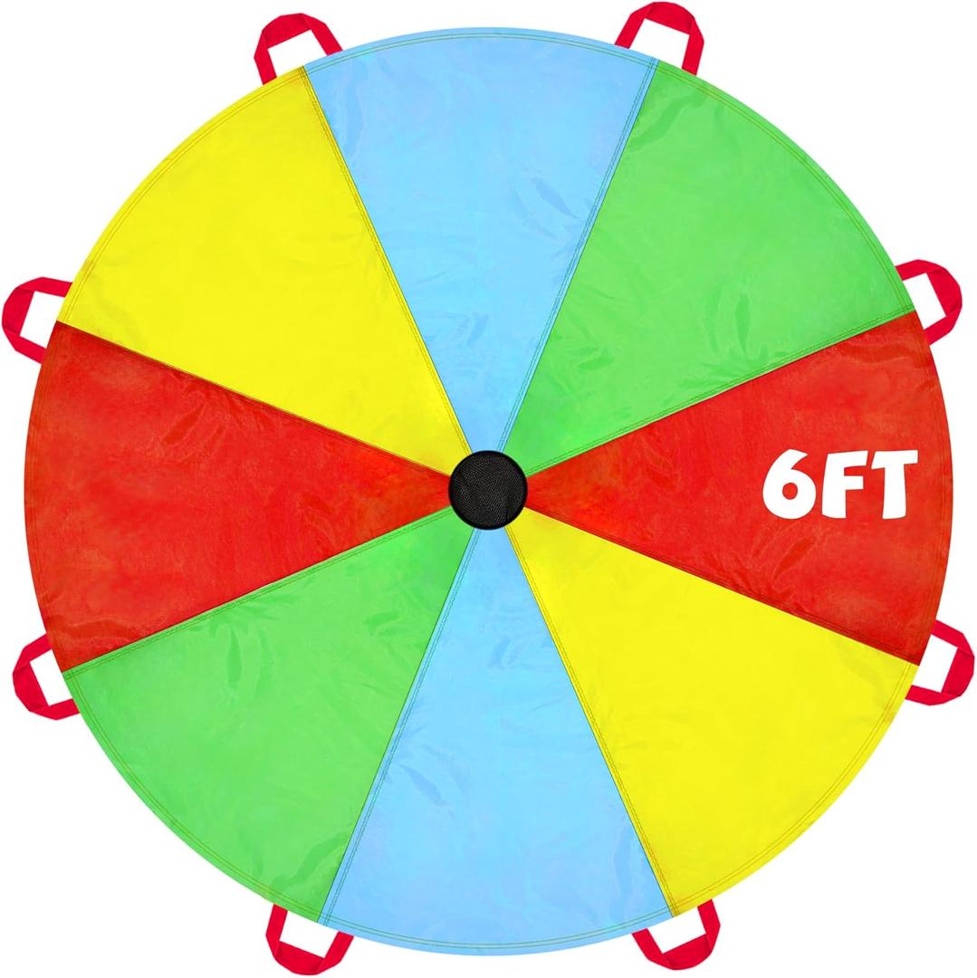 NARMAY Kids Play Parachute, 6ft Rainbow Parachute with 8 Handles, Cooperative Group Game Toy for Indoor & Outdoor Play