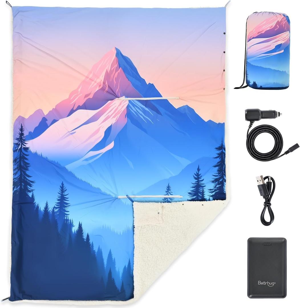 Bearhug 50 x 70 Heated Blankets Battery Operated, Cordless Wearable Heating Throw Blanket with 15000 mAh Power Bank, 3 Heating Levels USB Rechargeable Waterproof for Camping,Car,Outdoors (Blue - Peak)