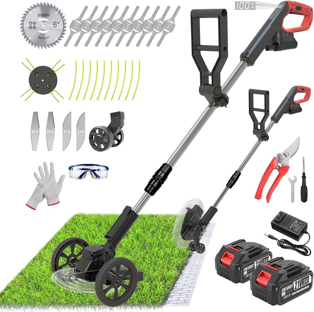 Cordless Weed Wacker Eater Battery Powered, 21V Lightweight Electric Weed Trimmer with 2 Battery Operated & Charger& Wheels & Shears, No-String Grass Trimmer/Brush Cutter/Lawn Edger for Yard Garden