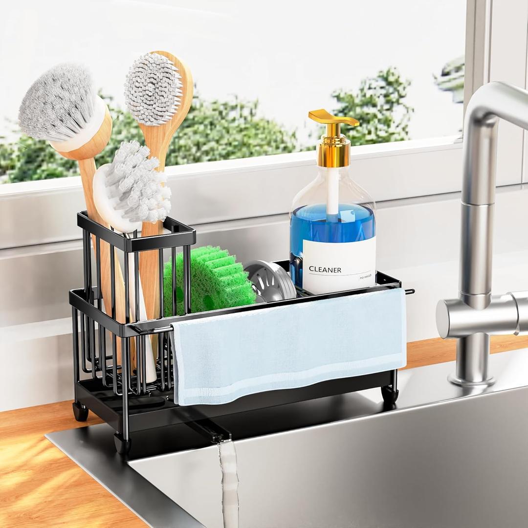 Cisily Sponge Holder for Kitchen Sink, Sink Caddy Organizer with High Brush Holder, Kitchen Countertop Organizers and Storage Essentials, Rustproof 304 Stainless Steel (Black with Towel Rack, 9.25)