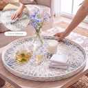 22" Round Mother of Pearl Serving Tray Ottoman Tray, Leaf, Blue