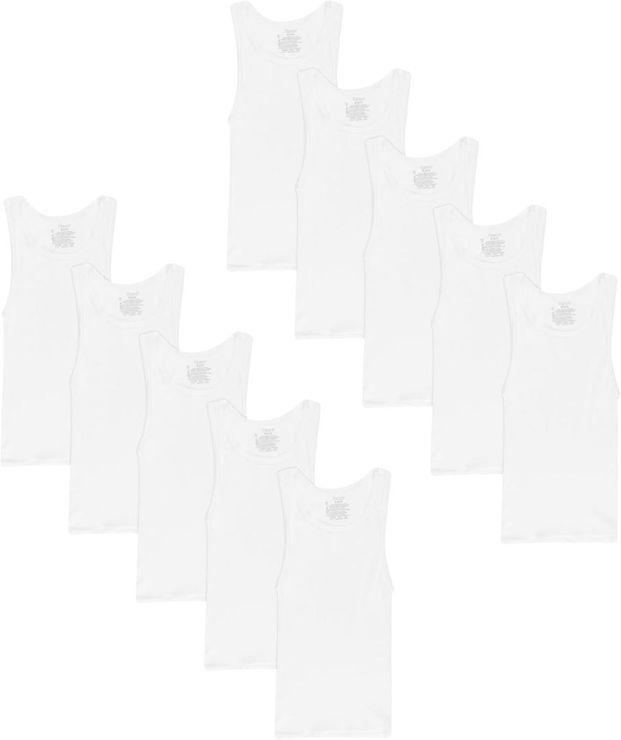 Hanes Boys Tank Cotton Undershirt, EcoSmart, 10 Pack, White (Large)