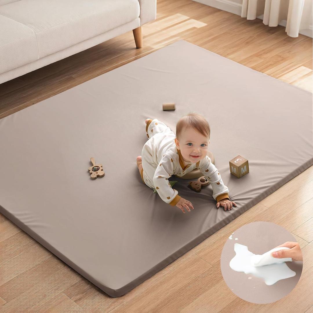 Blissful Diary Vegan Leather Baby Play Mat, 50x50 Thicken Foam Cushioned & Waterproof Playpen Mat for Infants and Toddlers, Stylish and Just Wipe-Clean Playmat for Baby Play on Floor, Light Gray