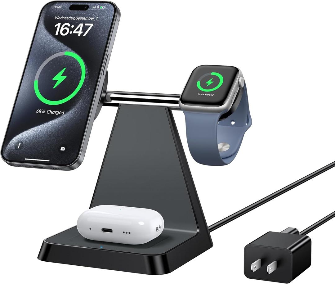 Charging Station for Multiple Devices Apple: Woruda 3 in 1 Magnetic Wireless Charger Stand for Mag Safe iPhone - Nightstand Charging Dock for iPhone 16 15 14 13 12 Pro Max Plus Apple Watch Airpods (Black)