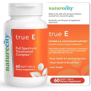 NatureCity True-E Full Spectrum Tocotrienols Vitamin E & Natural Alpha Tocopherol Supplement | Sustainable Vitamin E Tocotrienols from Evnol Suprabio | Non-GMO Vitamin E Complex | 60 Soft gels