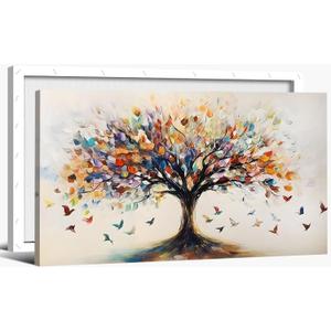 Large Tree of Life Canvas Wall Art Colourful Tree of Life Painting Picture Wall Decor plant abstract Print Artwork for Living Room Yoga Room Hotel Bedroom Home Decoration 16x32in framed