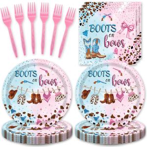 48Pcs Gender Reveal Decorations Boots or Bows Baby Gender Reveal Plates Napkins Forks Decorations Set for 16 Guests (blue and pink)