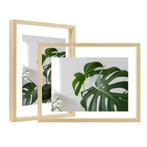 Egofine 8.5x11 Floating Frames Set of 2, Double Plexiglass Picture Frame, Made of Solid Wood Display Any Size Photo up to 8.5x11, Wall Mount or Tabletop Standing, Natural Wood