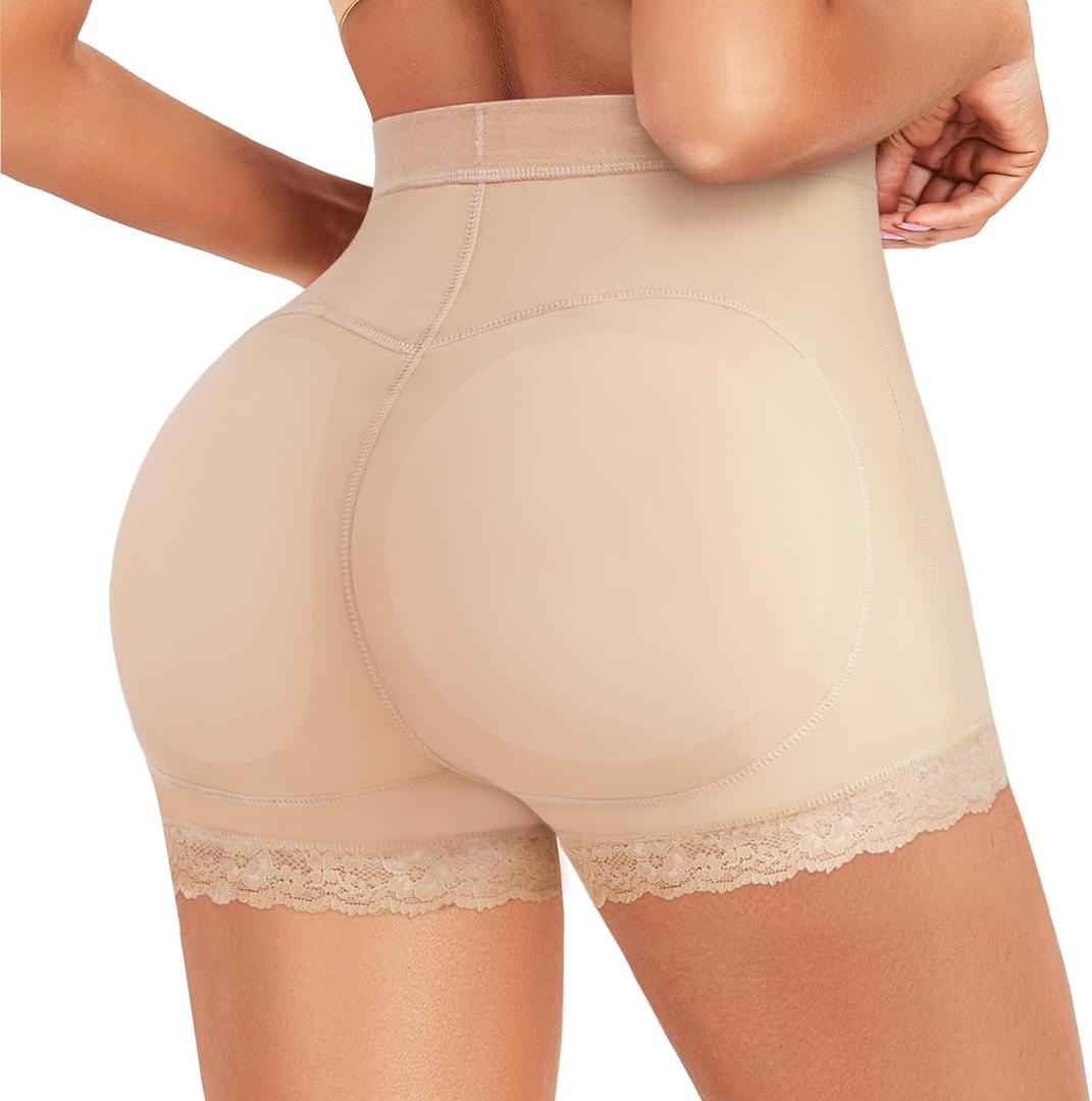 AOSBOEI Women Butt Lifter Panties Padded Shapewear Hip Enhancer Pads Shorts Seamless Underwear Tummy Control Boyshorts (Medium, Beige)