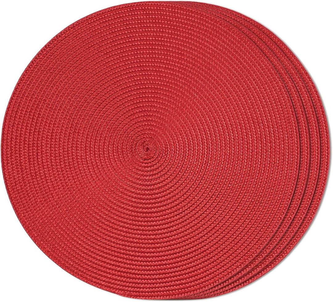 FunWheat Round Braided Placemats Set of 4 Table Mats for Dining Tables Woven Washable Non-Slip Place mats 15inch (Red, 4pcs)