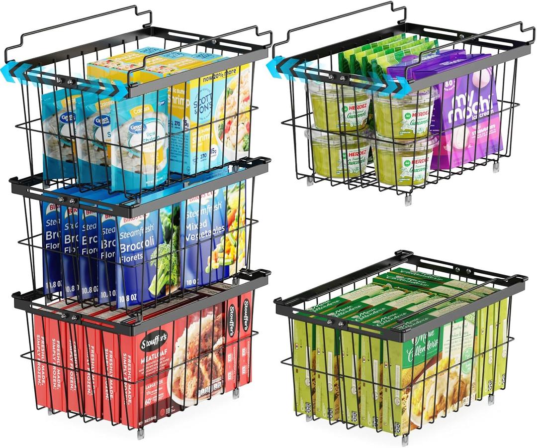 iSPECLE Freezer Organizer Bins - 5 Pack Adjustable Width for 5 to 7 Cu.Ft Chest Freezers, Stackable Wire Storage Baskets, Assembly Required, Black