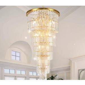 Luxury Gold Crystal Chandelier for High Ceilings, Modern Long Foyer Entryway Crystal Chandelier Pendant Light Fixture for Grand Living Room Staircase (Height 62 inch 37 Lights)