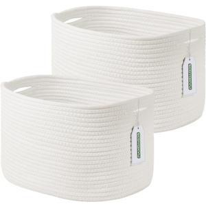 Cotton Rope Storage Basket, 15x10x9 Inches, Woven Basket for Shelves, Clothes, Towels, Books, and Laundry, Durable and Stylish, White (2 Pack)