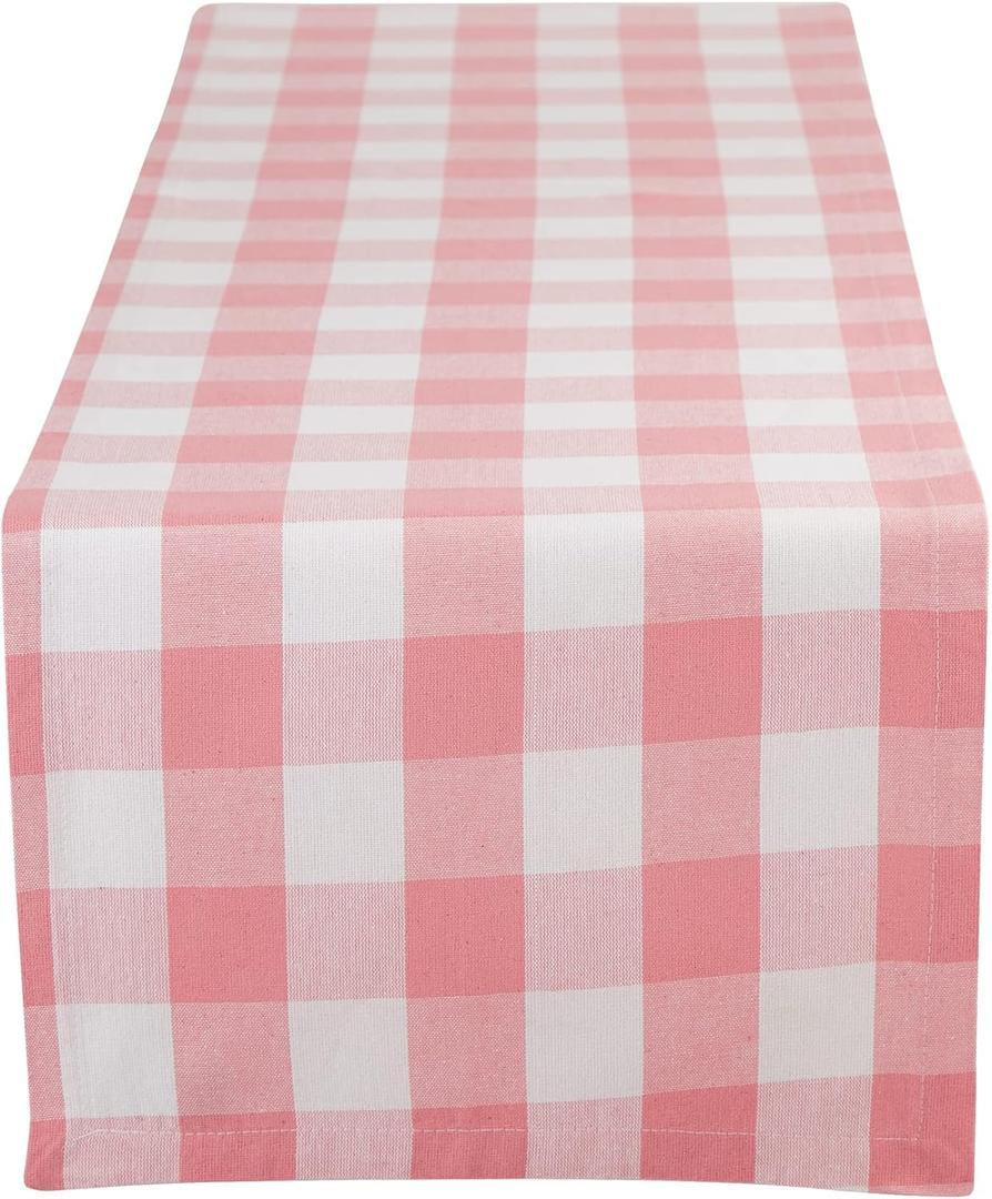 DII Buffalo Check Collection, Classic Farmhouse Table Runner, 14x108, Pink & White