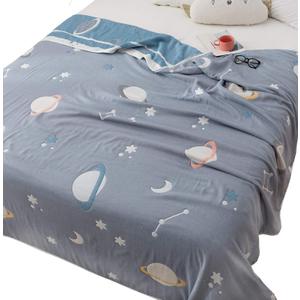 Planet Star Muslin Blanket Reversible 100% Cotton 6 Layer Quilt Bed Blanket Soft Warm Throw Sofa Couch Toddler Kids Boy Cartoon Travel Coverlet Sheet (Universe, Twin 56" X 76")
